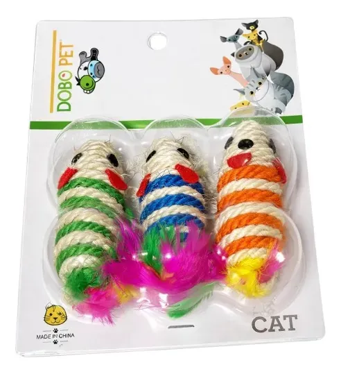 Set de 3 Ratones de Cuerda y Plumas para Gatos